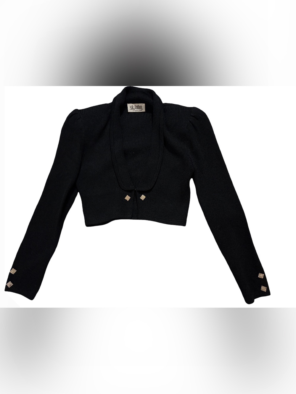 St. John Black Cropped Knit Blazer with Gold Tone Buttons